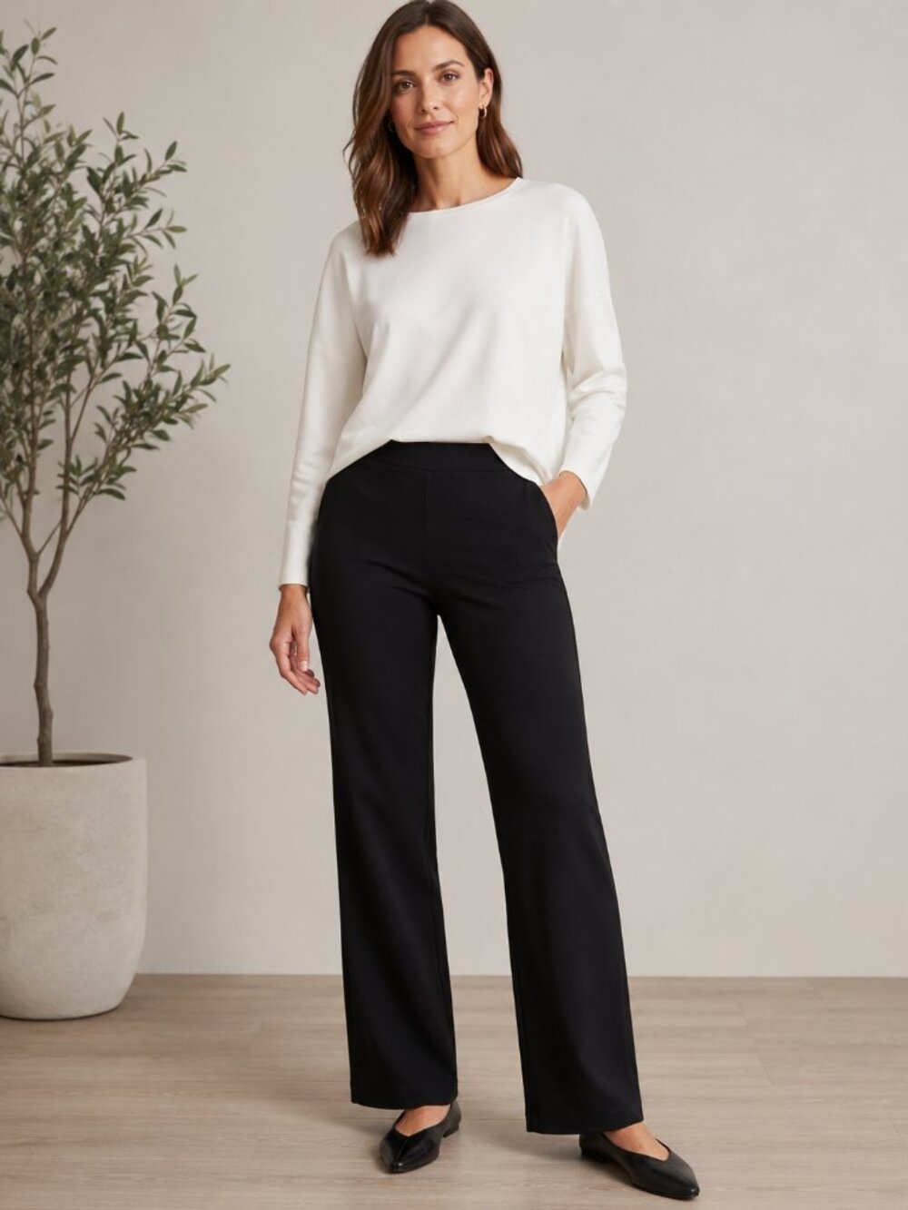 Eileen Fisher Black Stretch Ponte Pull-On Straight Leg Pants - Small